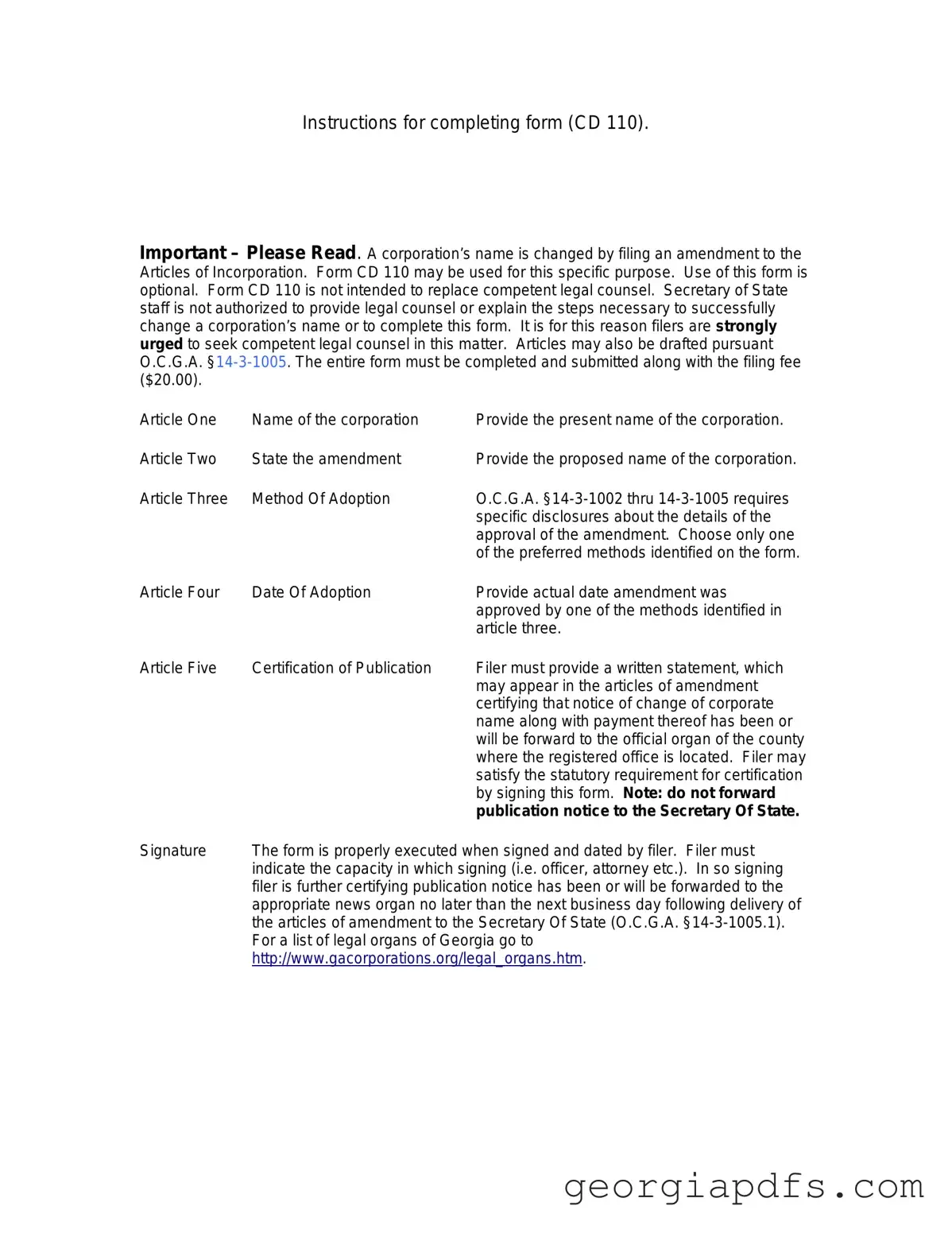Fill Out a Valid Articles Of Amendment Georgia Cd 110 Template