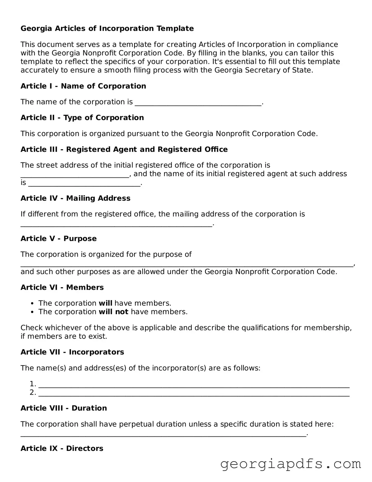 Attorney-Verified Georgia Articles of Incorporation Form