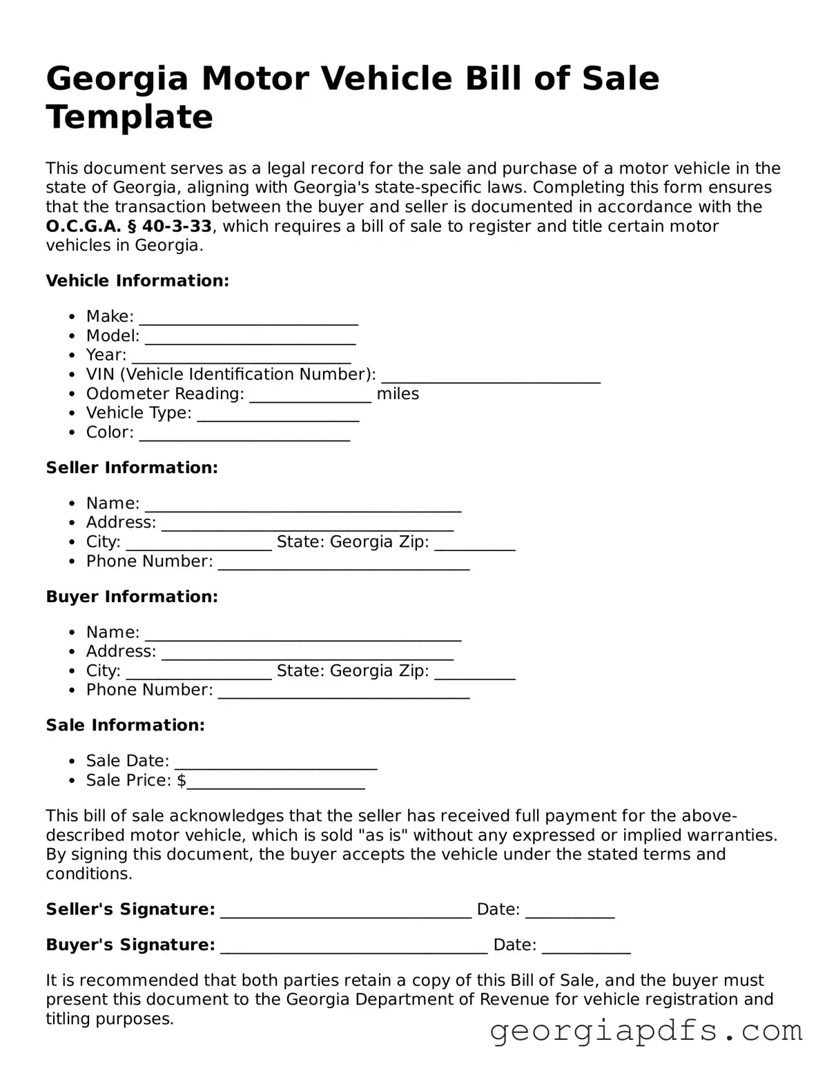 Attorney-Verified Georgia Motor Vehicle Bill of Sale Form