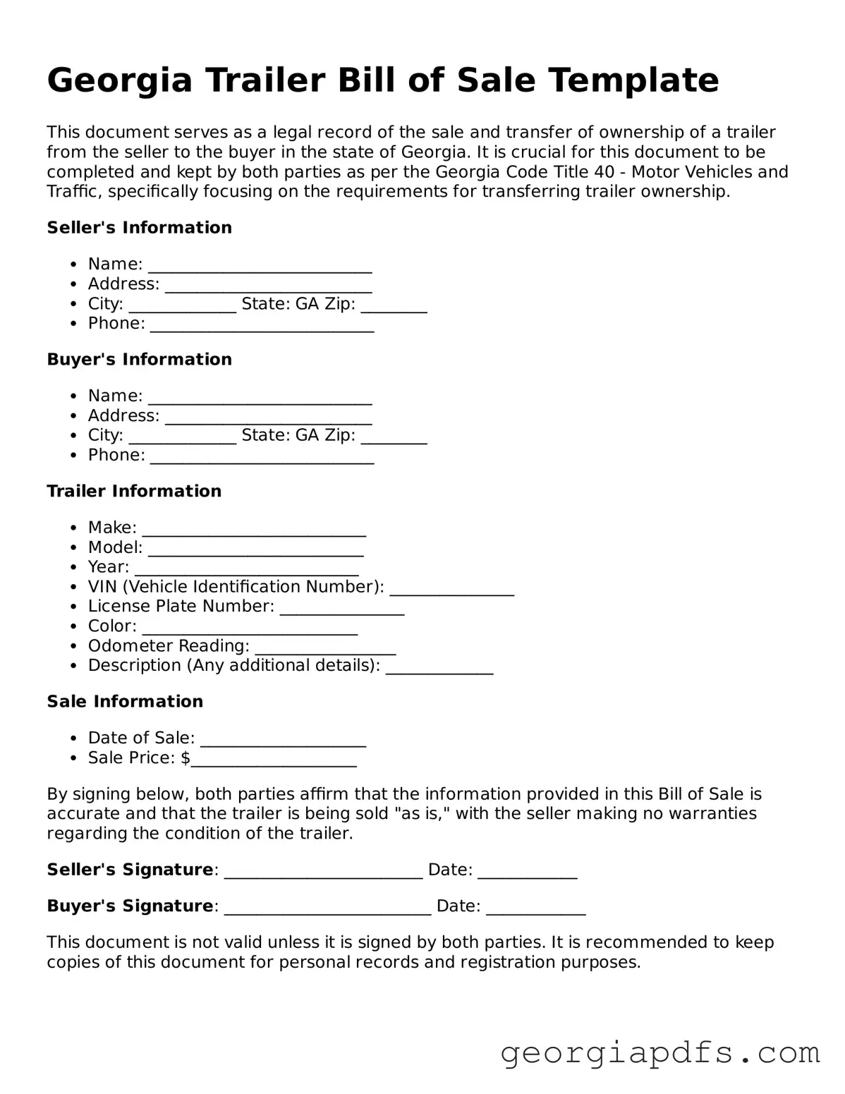 Attorney-Verified Georgia Trailer Bill of Sale Form