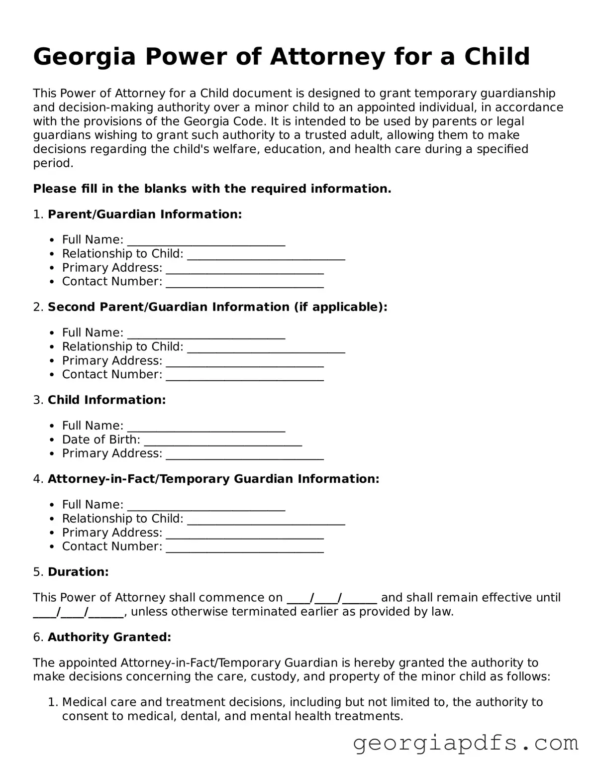 Attorney-Verified Georgia Power of Attorney for a Child Form
