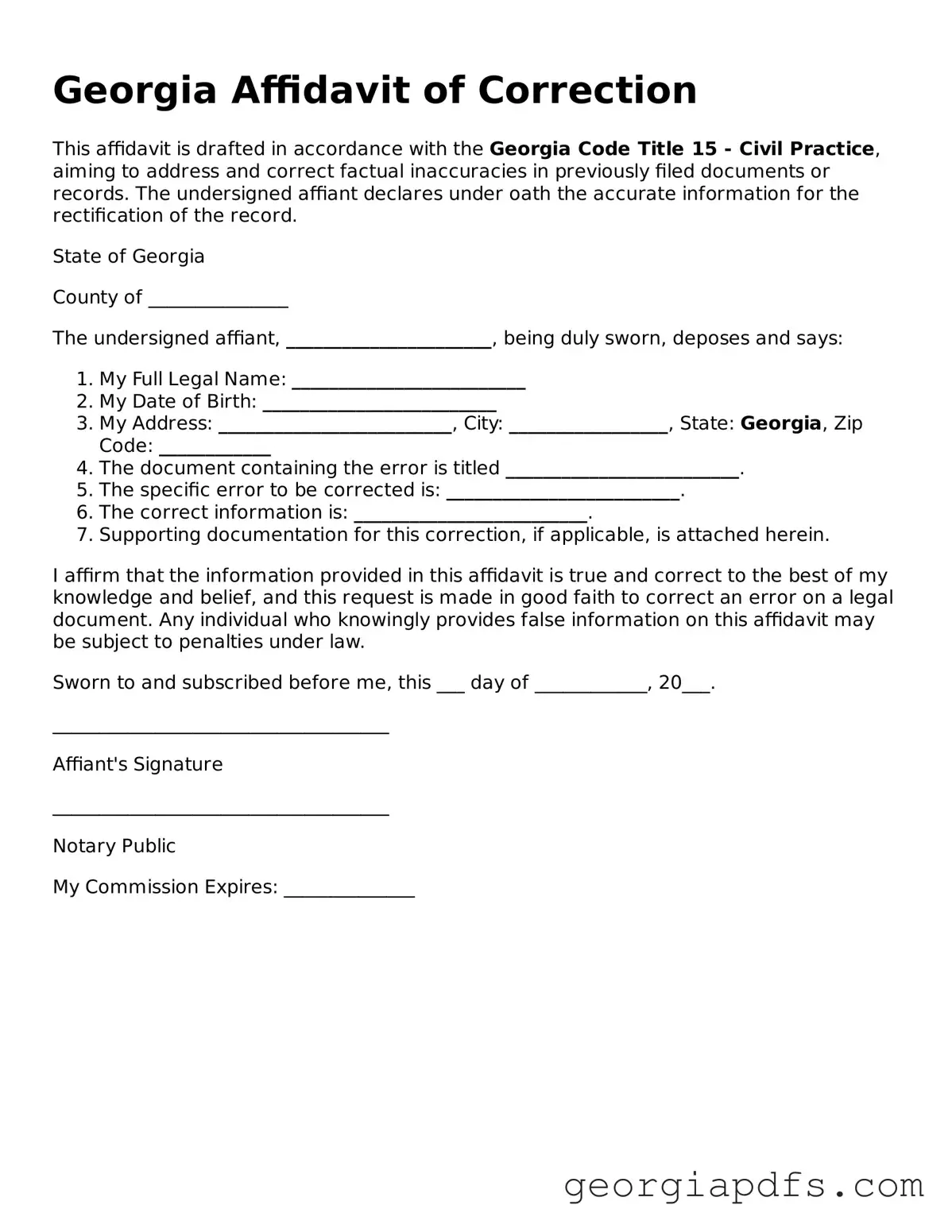 Attorney-Verified Georgia Affidavit of Correction Form