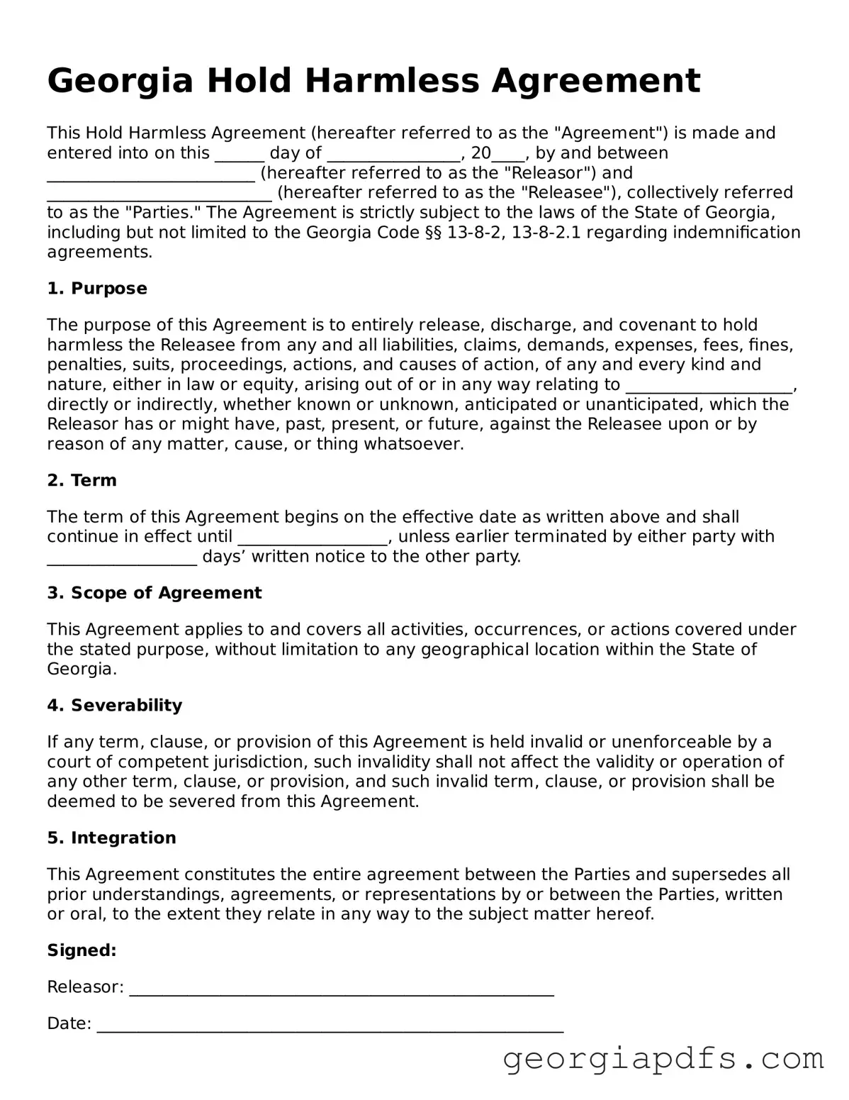 Attorney-Verified Georgia Hold Harmless Agreement Form