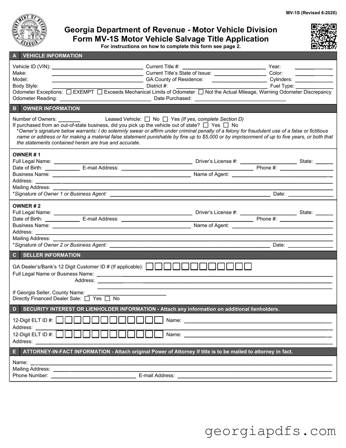 Fill Out a Valid Georgia Mv 1S Template