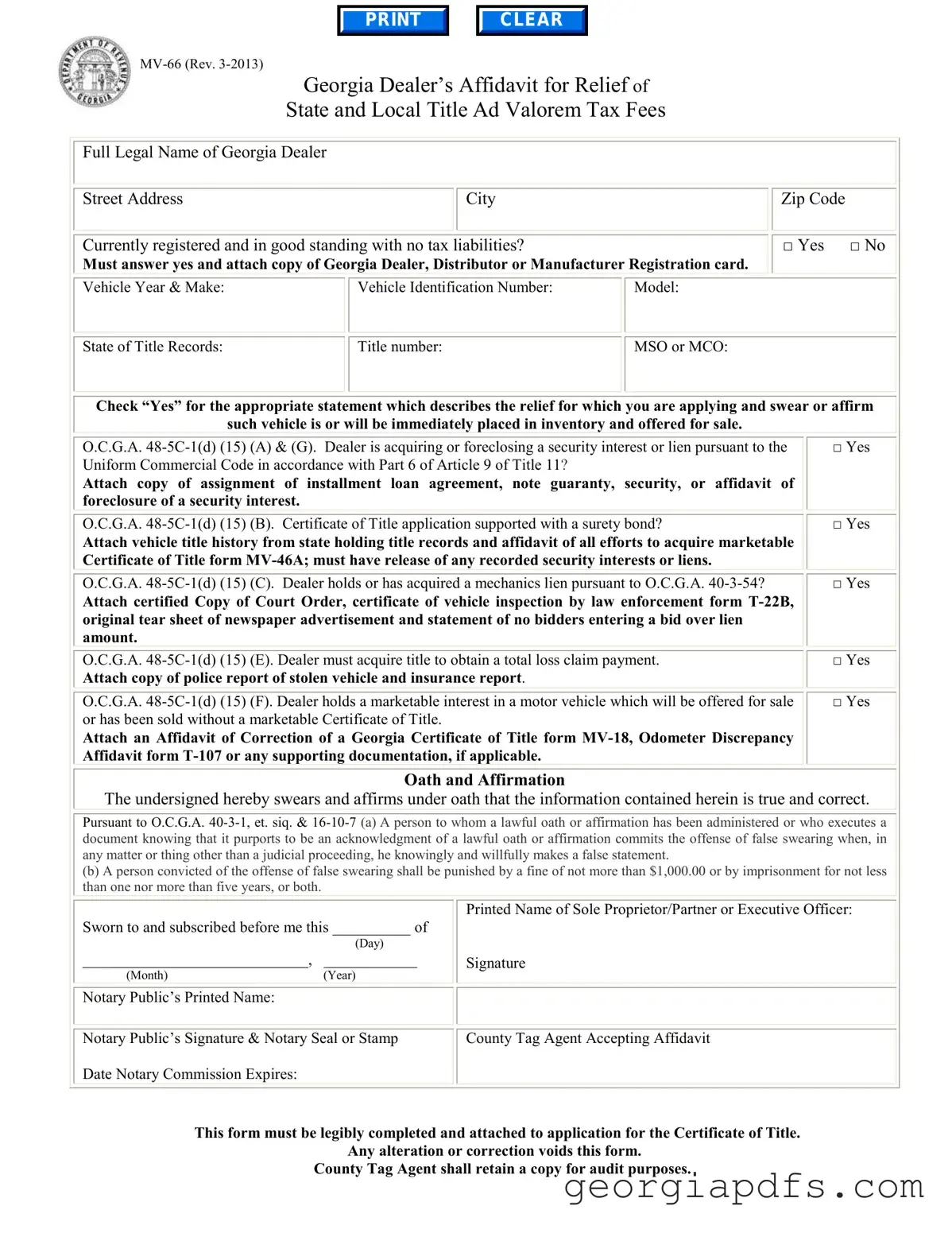 Fill Out a Valid Georgia Mv 66 Template