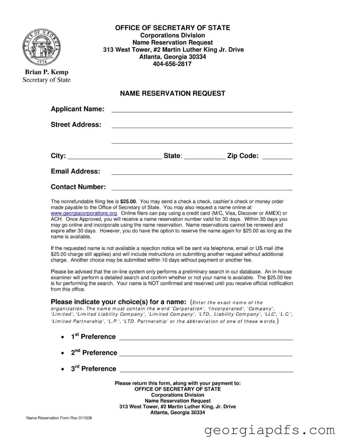 Fill Out a Valid Georgia Name Reservation Template
