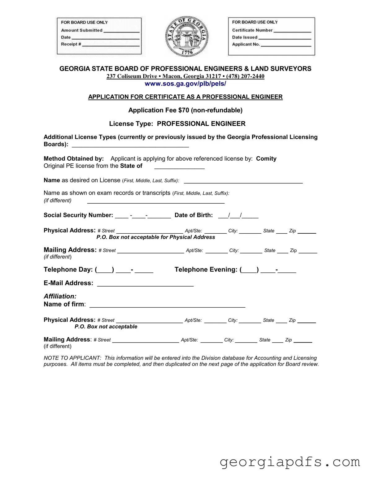 Fill Out a Valid Georgia Pe Comity Application Template