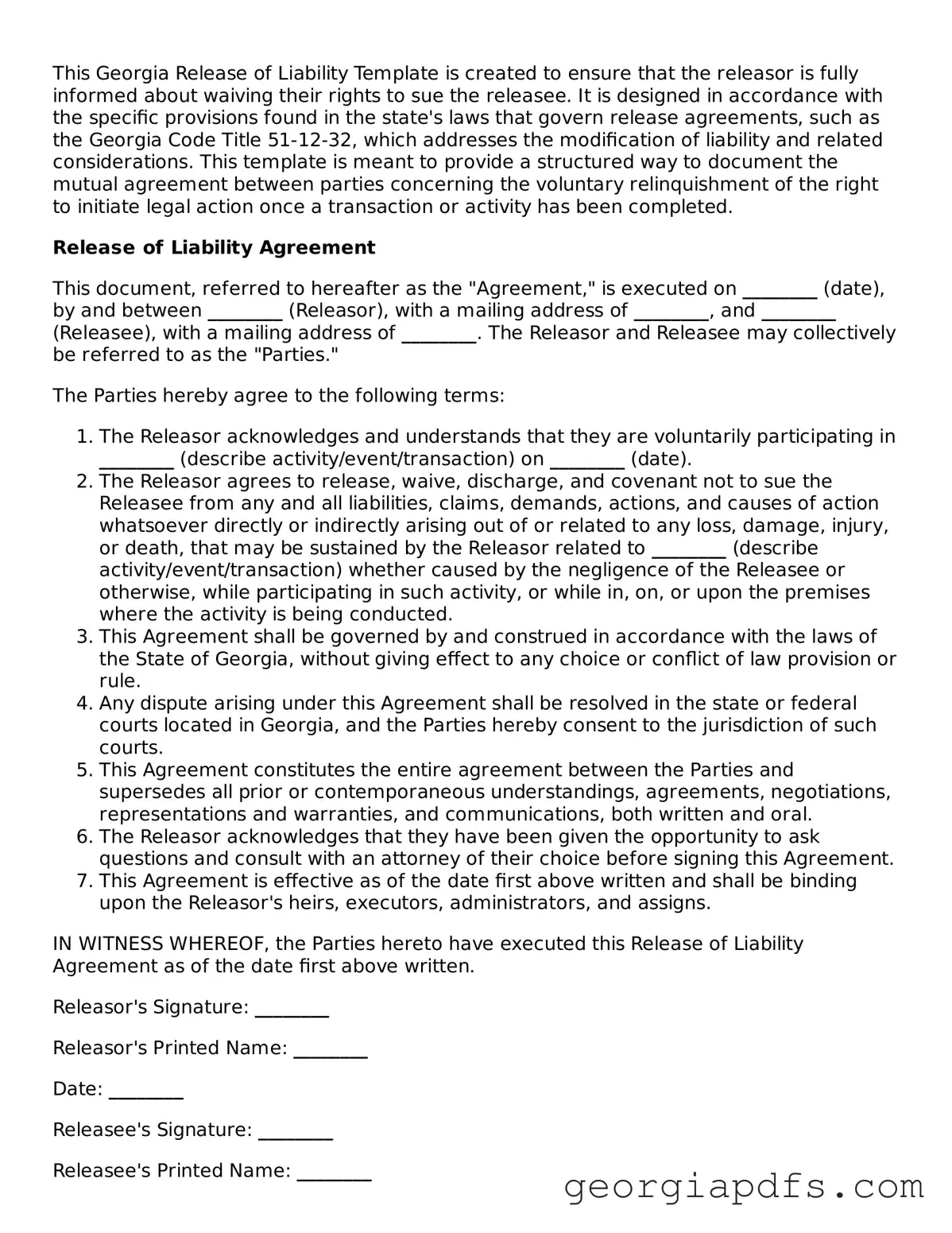 Attorney-Verified Georgia Release of Liability Form
