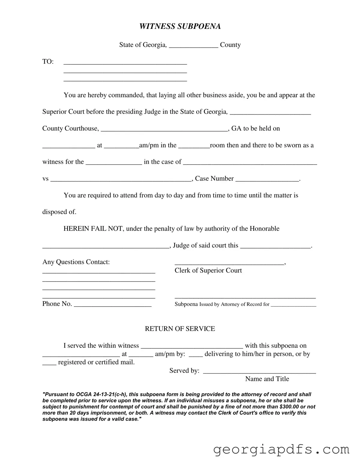 Fill Out a Valid Georgia Witness Subpoena Template
