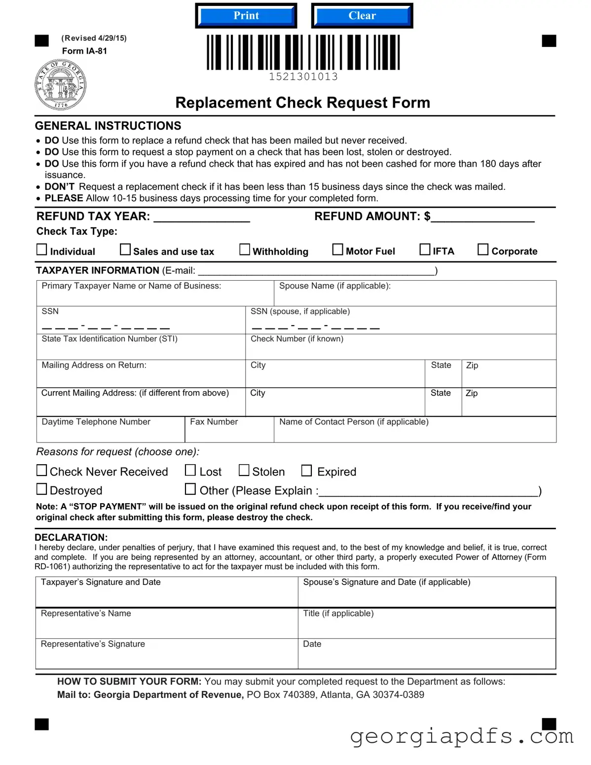 Fill Out a Valid Replacement Check Request Georgia Template