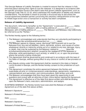 Attorney-Verified Georgia Release of Liability Form