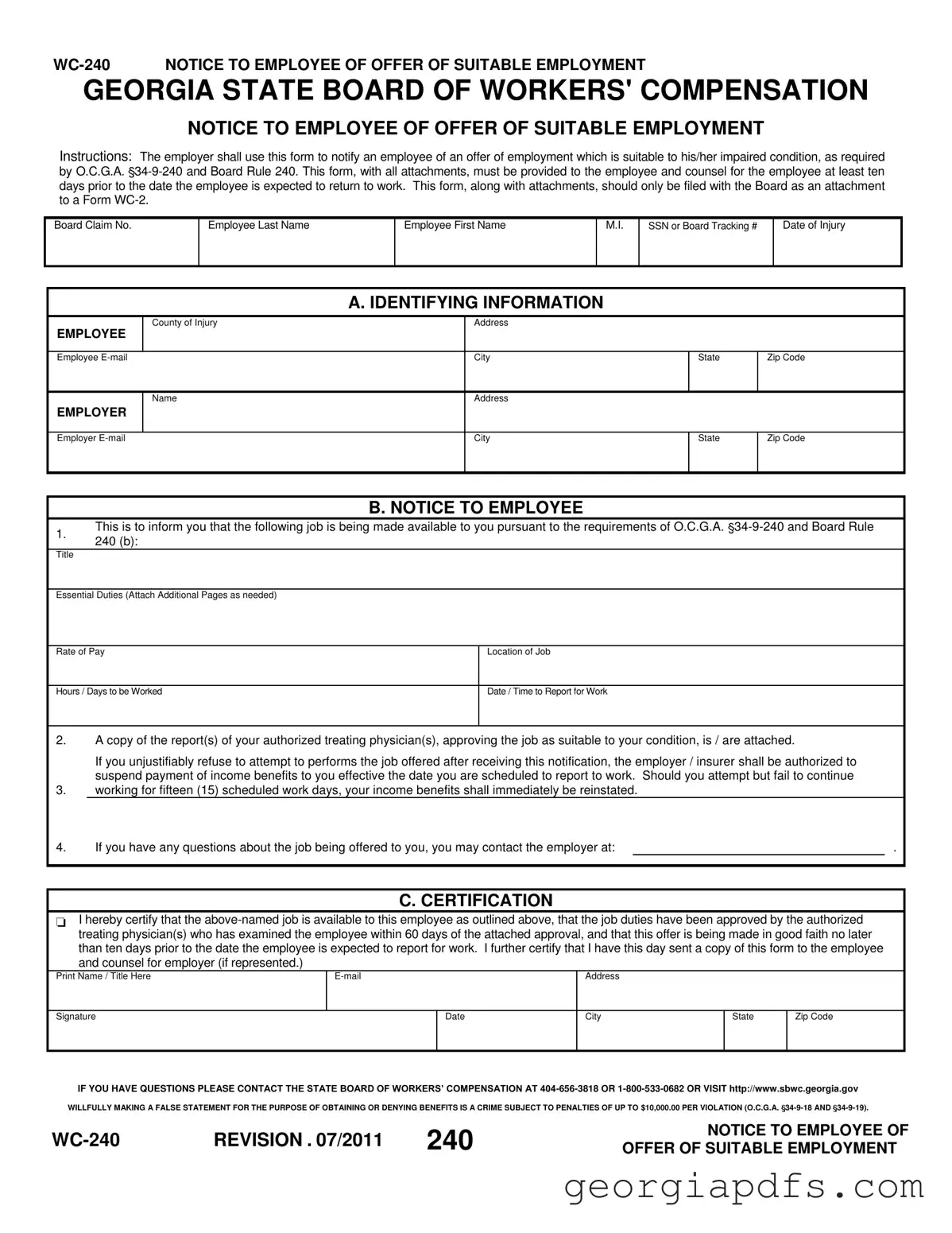 Fill Out a Valid Wc 240 Georgia Template